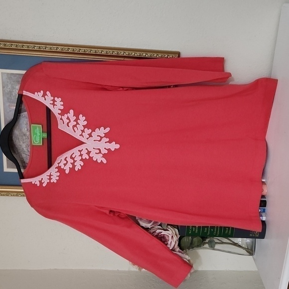 Coral top size M mid sleeve Coastal Lagenlook contemporary Artsy vacation - Picture 3 of 8